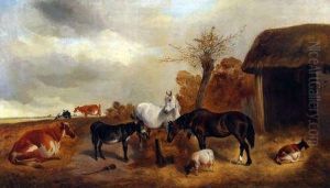 Cows, Donkey, Horses And Goats Before A Barn