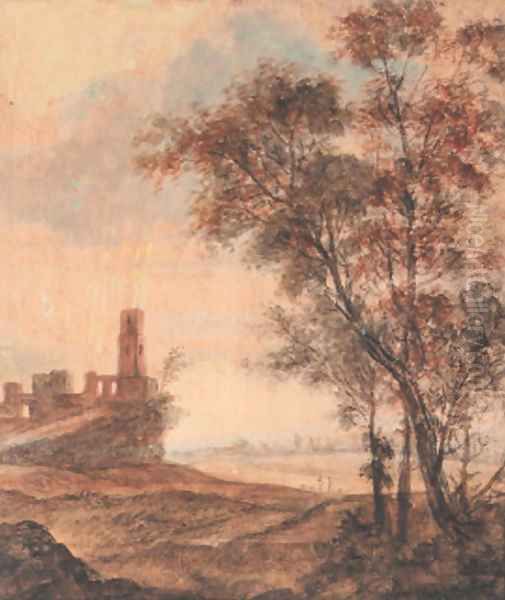 A hilly landscape with a ruin on a hill, trees in the foreground - view 1
