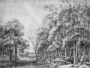 A pond on the margin of a wood, with buildings by a pool beyond by Anthonie Waterloo
