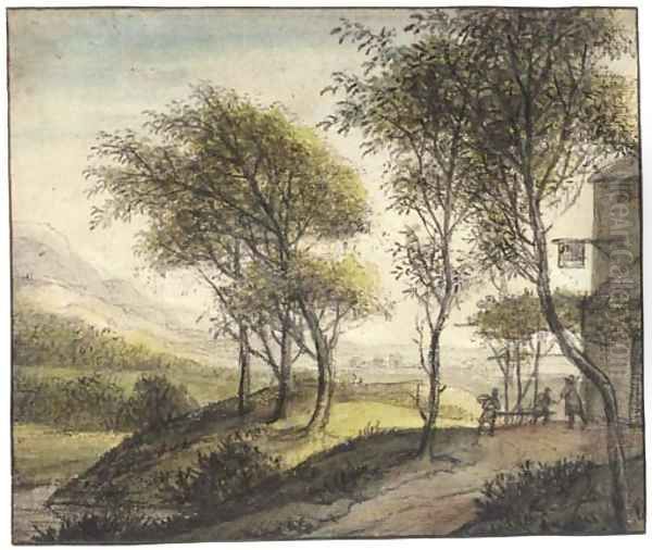 An extensive landscape with a tavern among trees to the right - view 1