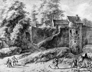 The outside Walls of a fortified Town with Figures carrying Produce, others by a tent by Anthonie Waterloo