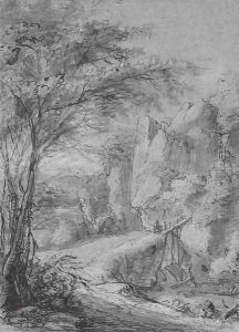 A rocky landscape with figures crossing a bridge by Anthonie Waterloo