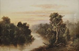 Senior River Scene With Fisherman by William Wackenbath Short