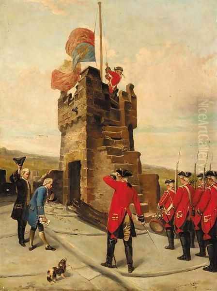 Raising a flag on a military battlement - view 1