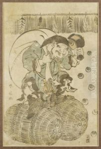 Der Lachende Glucksgott Daikoku Auf Zwei Reisballen