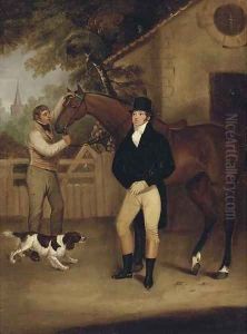 Portrait of a gentleman with his bay hunter held by a groom by Francis Wheatley