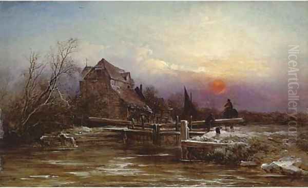 A lock in winter, sunset - view 1