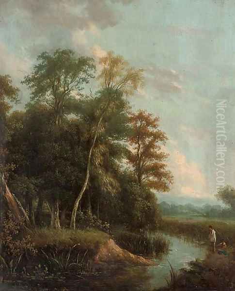 Anglers on a river bank in an evening landscape - view 1