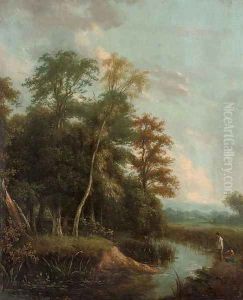 Anglers on a river bank in an evening landscape by George Augustus Williams
