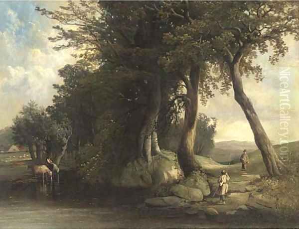 Cattle watering and anglers by a river - view 1