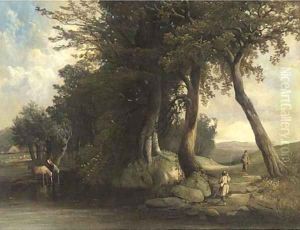 Cattle watering and anglers by a river by George Augustus Williams