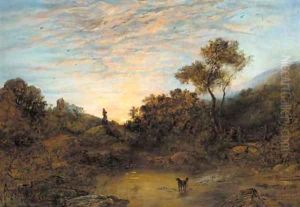Figures by a stream at sunset by George Augustus Williams