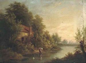 Figures by a cottage in a river landscape; and A goatherd on a wooded track by George Augustus Williams
