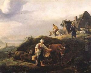 A milkmaid on a river bank, with travellers on a road by a farm in the dunes A milkmaid on a river bank, with travellers on a road by a farm in the dunes