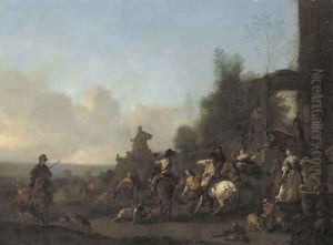 A hawking party at rest near a fountain by Pieter Wouwermans or Wouwerman