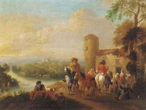 Mounted travellers at halt by an inn, a river and town beyond by Pieter Wouwermans or Wouwerman