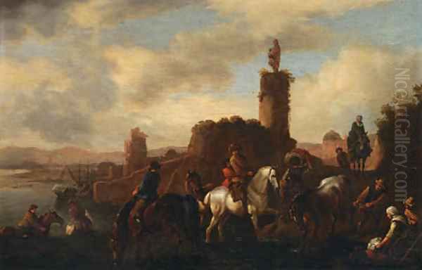 Travellers crossing a river - view 1