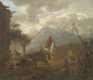 Travellers resting and watering their horses by an inn by Pieter Wouwermans or Wouwerman