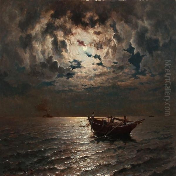 Fishermen On The Sea At Moonlight - view 1