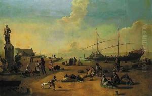 A capriccio of a Mediterranean quay with merchants, slaves, a galley and the monument of the Four Moors at Leghorn by Thomas Wyck