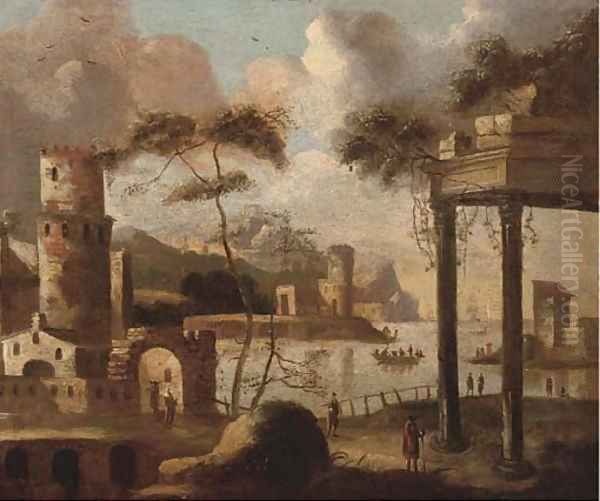A capriccio of a Mediterranean harbour with shipping - view 1