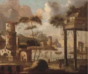 A capriccio of a Mediterranean harbour with shipping by Thomas Wyck