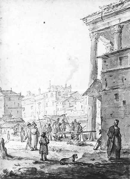 A market scene in an Italian town by Thomas Wyck