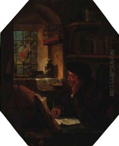 A scholar writing at a table by a window by Thomas Wyck