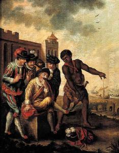 Merchants in fancy costume attended by a slave in a Mediterranean harbour by Thomas Wyck