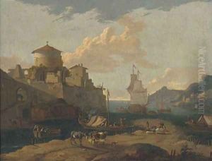 A Mediterranean coastal inlet with boats and a man-o'-war
