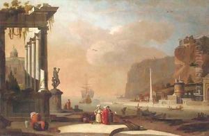 A Mediterranean harbour with Oriental merchants conversing by a ruined temple by Thomas Wyck