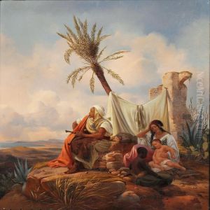 View Of North Africa With Figures Camping On A Hill by Niels Simonsen