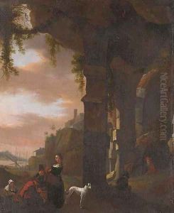 An Italianate landscape with figures by a ruined arch, a harbour beyond