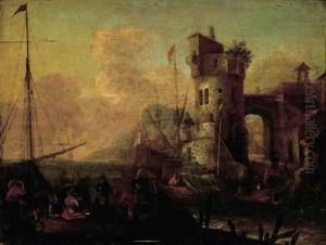 Merchantmen unloading their cargo in an Mediterranean harbour by Thomas Wyck