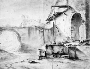 A Well in the Courtyard of an Italian house, a church beyond