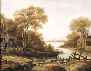 Fishermen in a pink moored by a river bank, in summer by Abraham Van Westerveldt