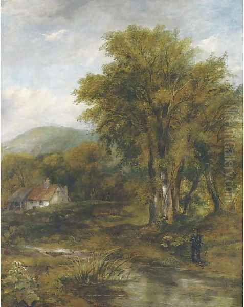 An angler in a wooded river landscape, a cottage beyond - view 1