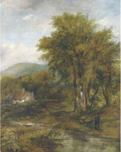 An angler in a wooded river landscape, a cottage beyond