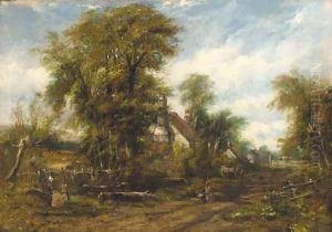 Figures before a cottage on a wooded path