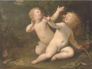 Putti disporting in a landscape by Jacob de Wit