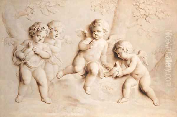 Putti with doves in a landscape - en grisaille - view 1