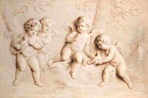 Putti with doves in a landscape - en grisaille