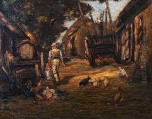Farmyard Scene With Figure And Chickens