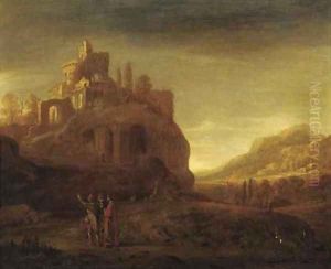 An open landscape with a hilltop fort, travellers on a path in the foreground