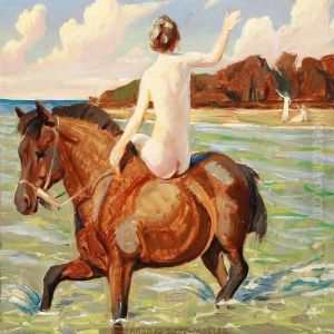 Back Turned Nude Woman On Horseback In The Shallows by Harald Slott-Moller