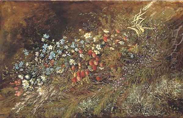 A bouquet of summer fruits and flowers on a mossy bank - view 1