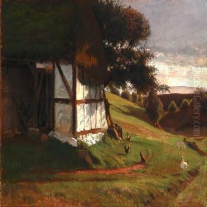 Chickens Behind A Farmhouse At Rye Sonderskov Near Salten Langso, Denmark by Hans Ludvig Smidth