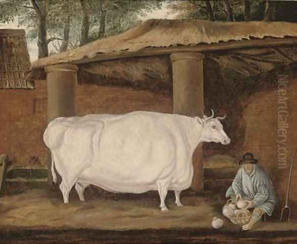 A cow and a farmer by a barn - view 1
