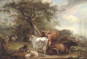 Cattle and sheep in a landcape