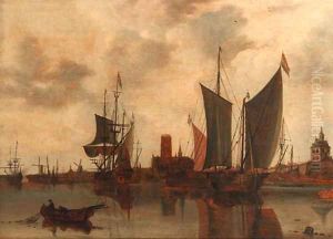 A view of Rotterdam with moored sailing vessels in the harbour, the Laurenskerk, Oude Hoofdpoort and Kruithuis beyond by Claesz Jansz Van Der Willigen